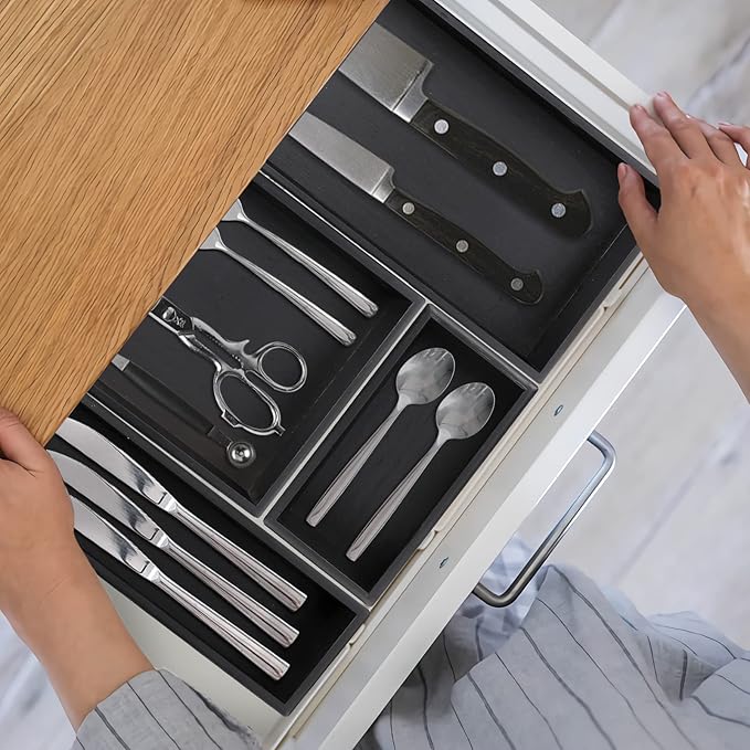 Bamboo Drawer Organizer - Kitchen Utensil Organizer Silverware Tray Cutlery Holder,Office Desk Supplies and Accessories,12 * 5.9 * 2.6,Black