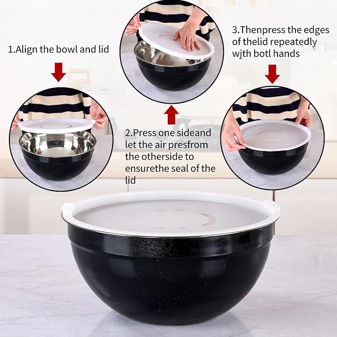 Black Mixing Bowls with Lids Set of 7, Stainless Steel Nesting Bowl with Khaki Lid for Non-slip Mixing Prepping Storing Serving, 7 Sizes-7/3.6/2.7/2.1/1.5/1/0.8 QT
