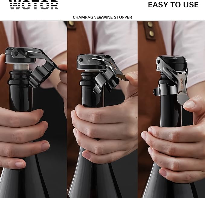 WOTOR Champagne&Wine Bottle Stoppers Stainless Steel with Food Grade Silicone, Leak Proof Keep Fresh Reusable Saver, Cork Suitable for Wine, Champagne, Cava, Prosecco and Sparkling (6 Pack Black)