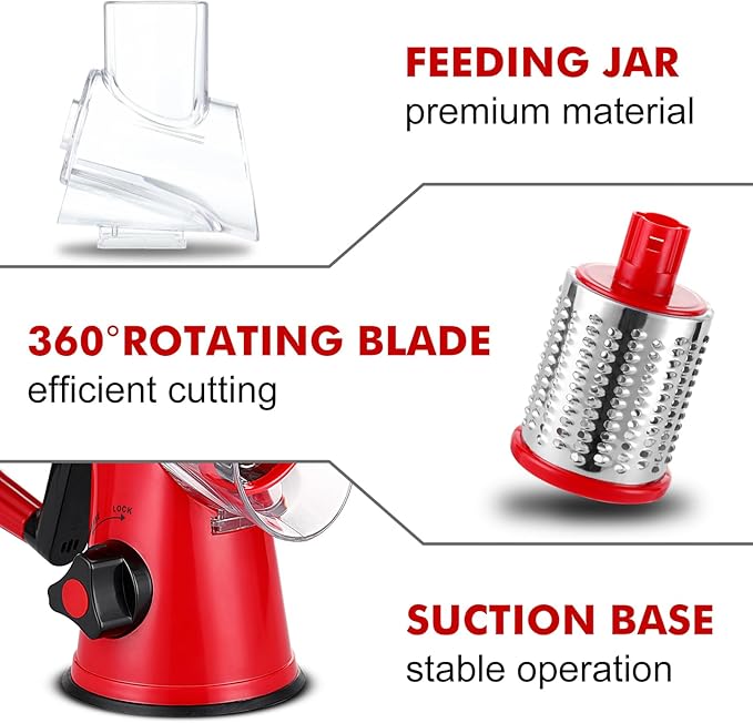 Cheese Grater Rotary, Rotary Grater for Kitchen, Kitchen Grater Vegetable Slicer with 3 Drum Blades, Fast Cutting Cheese Shredder for Vegetables and Nuts