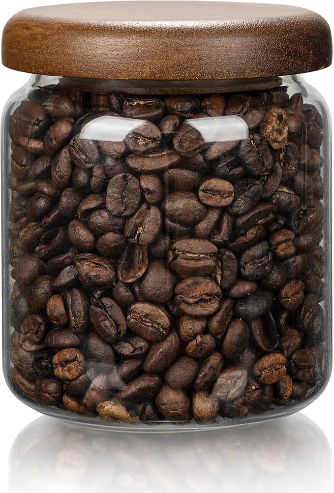 1 PC Small Glass Storage Jars with Airtight Lids, 14 FL OZ (420ml) coffee container with Wooden Lid, Glass Pantry Canister for Beans, Rice, Sugar and etc