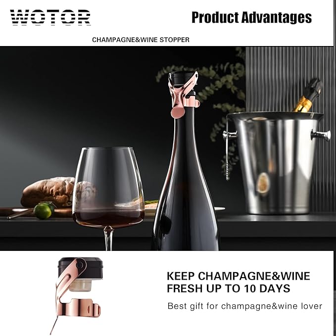 WOTOR Champagne&Wine Bottle Stoppers Stainless Steel with Food Grade Silicone, Leak Proof Keep Fresh Reusable Saver, Cork Suitable for Wine, Champagne, Cava, Prosecco and Sparkling (12 Pack Rosegold)
