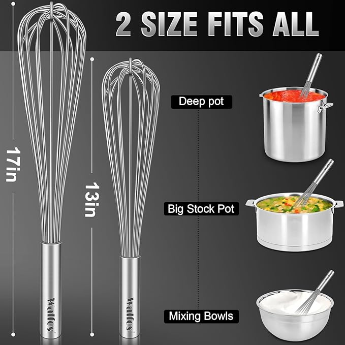 Walfos Whisks Large Whisk Set of 2, Heavy Duty Stainless Steel Wire Whisk Ideal For Beating Eggs, Mixing Batter & Blending Sauces.(13in+17in)