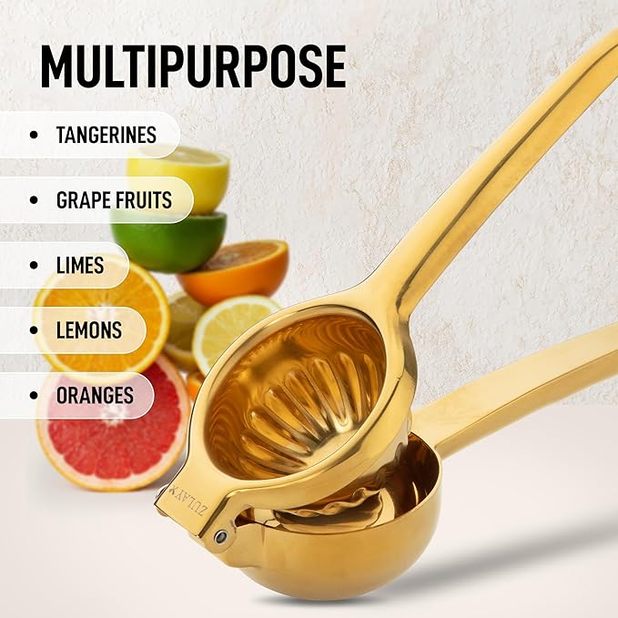Zulay Kitchen Lemon Squeezer Stainless Steel - Premium Quality, Heavy Duty Solid Metal Squeezer Bowl - Large Manual Citrus Press Juicer and Lime Squeezer Stainless Steel - Gold