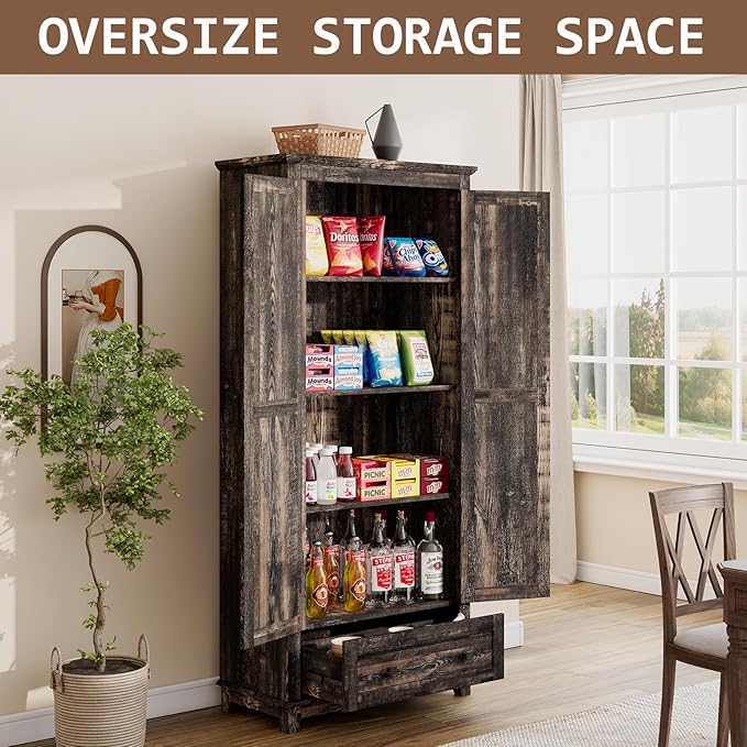 Farmhouse Kitchen Pantry Cabinet, 72" Tall Storage Cabinet with Adjustable Shelves & Barn Doors, Freestanding Kitchen Cupboard for Dining Room, Living Room, Dark Rustic Oak