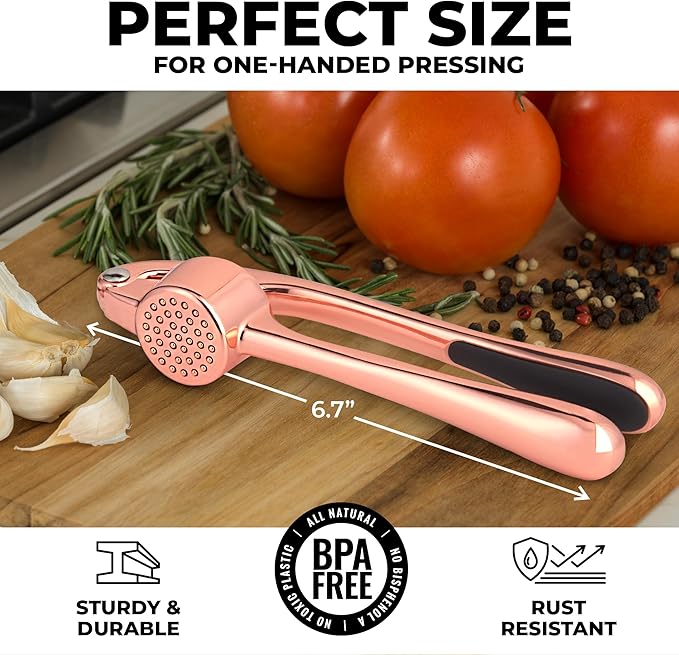 Zulay Kitchen Premium Garlic Press - Durable Garlic Masher with Soft, Easy to Squeeze Handle - Garlic Mincer Tool - Sturdy Easy to Clean Garlic Crusher (Rose Gold)