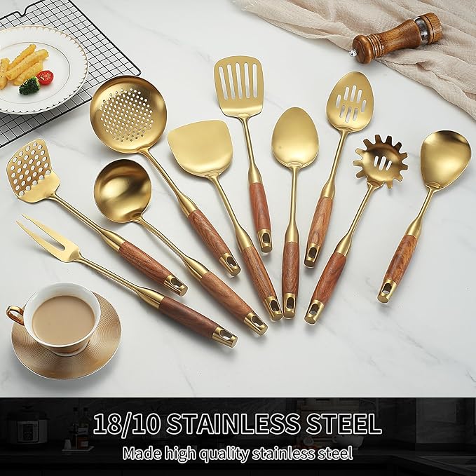 Stainless Steel Kitchen Utensils Set with Wood Handle, 18/10 Metal Cooking Utensils Set, 10-Piece - Spatula, Spoon, Ladle, Skimmer, Slotted Turners, Pasta Server, Fork, Masher(Dishwasher Safe)