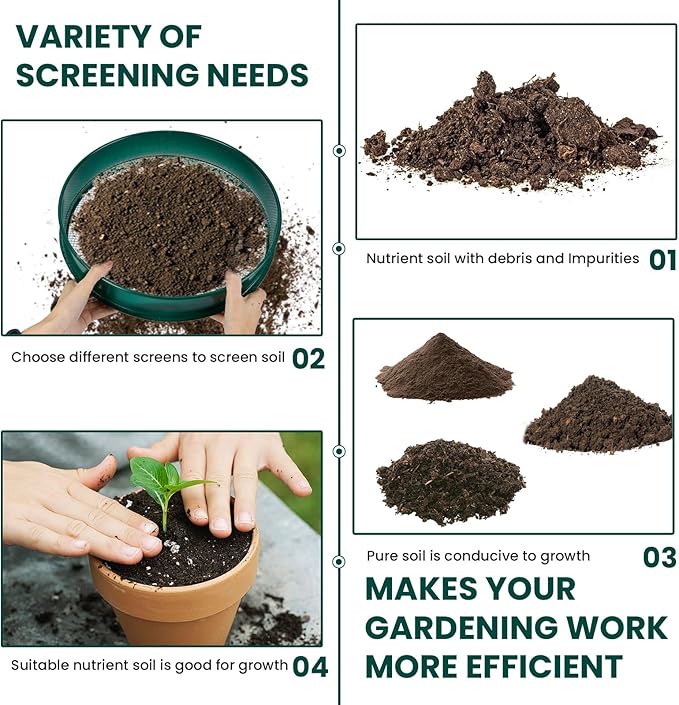 Soil Sifter, 3PCS Soil Sifter Set for Gardening, Stainless Steel Sifter(1/2", 1/4", and 1/8")