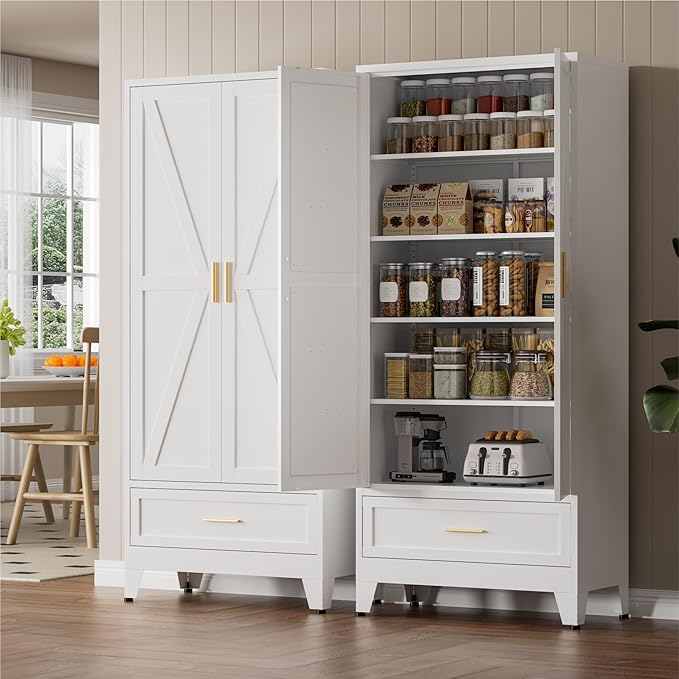 71" Tall Metal Pantry Storage Cabinet with Drawer and Adjustable Shelves, Freestanding Kitchen Cupboard Storage Cabinet for Kitchen,Dining Room, Living Room, White
