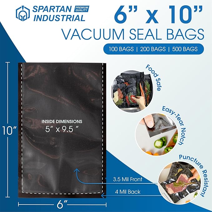 Spartan Industrial 6" X 10" Vacuum Sealer Bags - 500 Count BPA-Free Food Storage Bags for Marinating, Freezing, Sous Vide Cooking