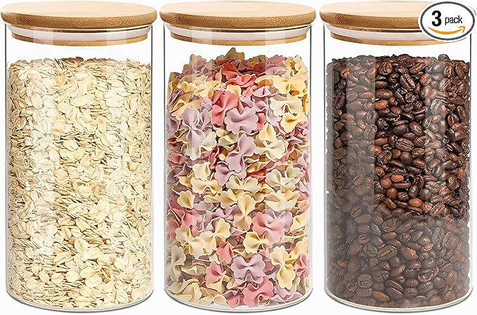 1.5 Qt Round Glass Storage Containers with Lids, Clear Food Storage Container Jar with Sealing Bamboo Lid for Noodles Flour Cereal Rice Sugar Tea Coffee Beans(Round-3Pack )