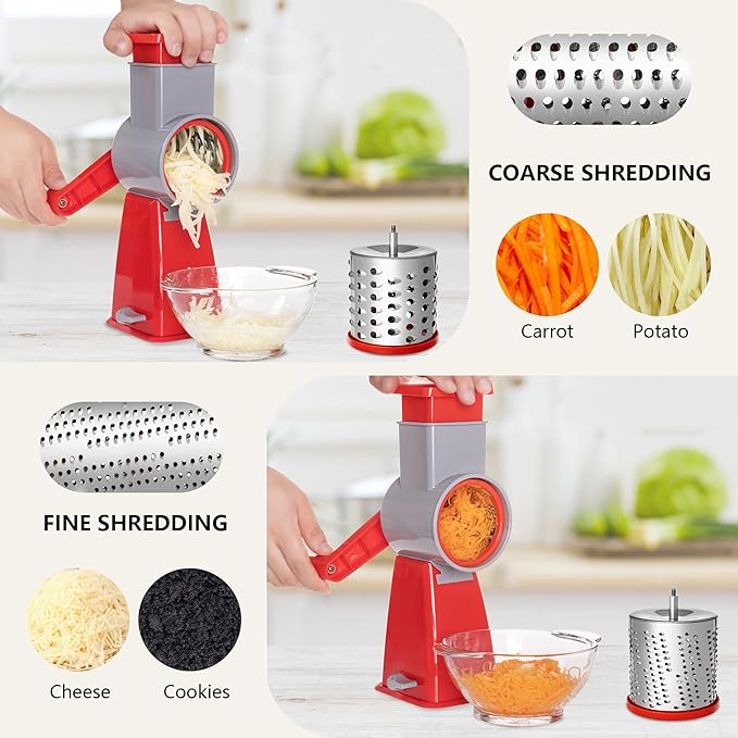 4-in-1 Rotary Cheese Grater Handheld, Lightweight Body with 4 Stainless Steel Blades & Non-Slip Suction Base, for Shredding Parmesan, Slicing Vegetables, Grating Chocolate(Red)
