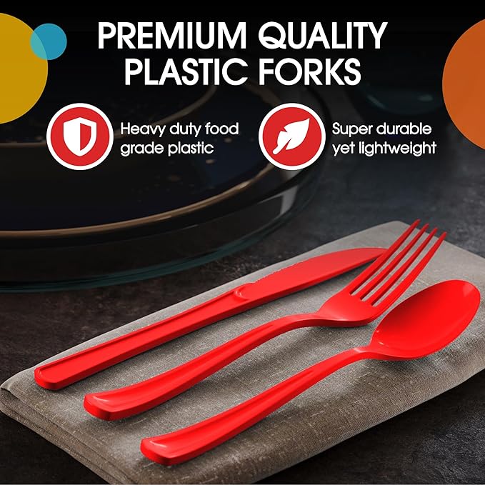 Party Solids Red Plastic Silverware Heavy Duty 150 Pieces Red Plastic Cutlery Sets, Utensil Sets, 50 Of Each Forks, Knives & Spoons Disposable Cutlery Set, Flatware Set For Party Supplies