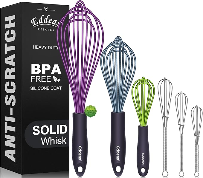 Whisk Eddeas Silicone Whisk Set of 6.Silicone whisks for cooking non Scratch.BPA Free and Dishwasher Whisk.7+9+11inch Colorful Wisk Great for cooking and Baking.(6pcs )