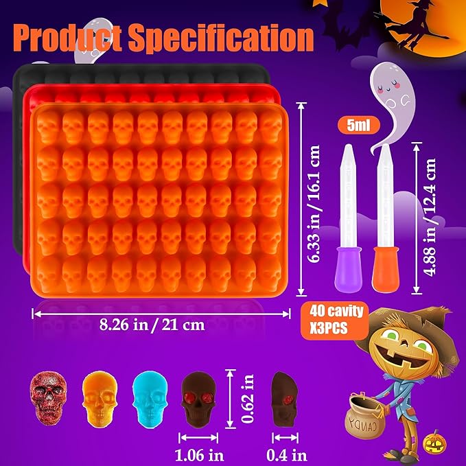 3 Pack Halloween Gummy Skull Candy Molds Silicone,Halloween Mini Skull Mold with 2 Droppers for Chocolate, Candy,Ice Cube - Orange,Red,Black