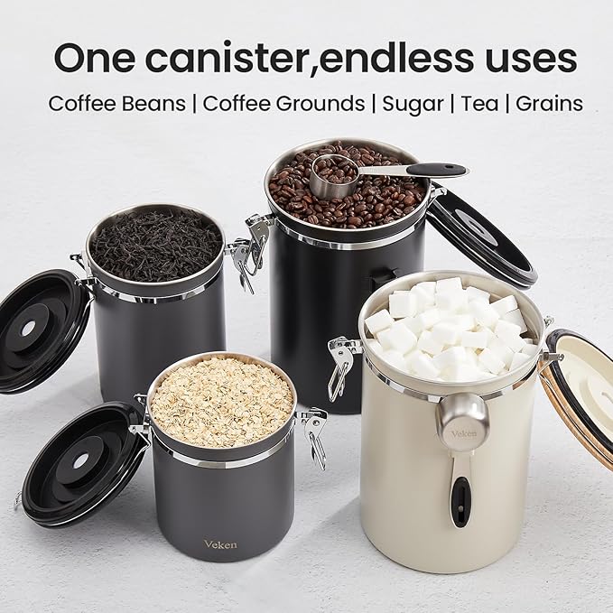 Veken Coffee Canister, 39OZ Large, Airtight Stainless Steel Food Storage Container for 2.2lbs Coffee Beans,Ground, Sugar,Espresso,Rice,Tea,Flour, Cereal,Home Kitchen Pantry Bar Accessories, Gifts,Gray