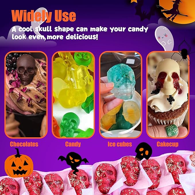 3 Pack Halloween Gummy Skull Candy Molds Silicone,Halloween Mini Skull Mold with 2 Droppers for Chocolate, Candy,Ice Cube - Orange,Red,Black