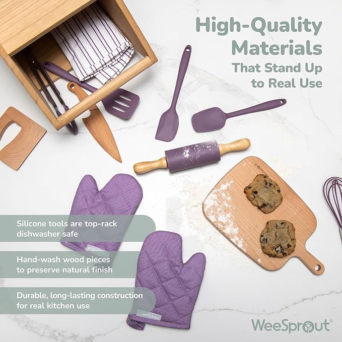 WeeSprout Little Chef Kids Cooking & Baking Set, 14 Piece Cooking Set with Real Kitchen Tools & Kids Apron, Baking Gift for Girls, Boys & Junior Chefs, Food Grade Materials, Choice of Colors
