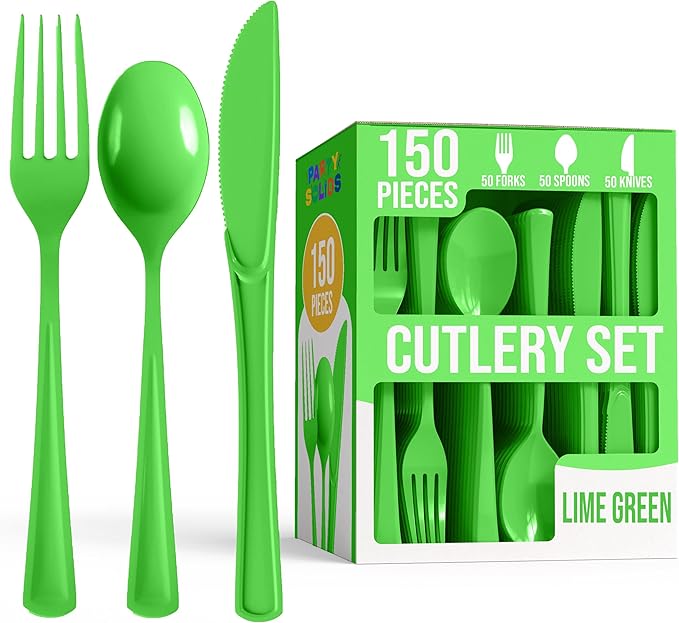 Party Solids Lime Green Plastic Silverware Heavy Duty 150 Pcs Lime Green Plastic Cutlery Sets, Utensil Sets, 50 Of Each Forks, Knives & Spoons Disposable Cutlery Set, Flatware Set For Party Supplies