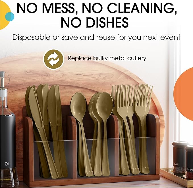 Party Solids Gold Plastic Silverware Heavy Duty 300 Pieces Gold Plastic Cutlery Sets, Utensil Sets, 100 Of Each Forks, Knives & Spoons Disposable Cutlery Set, Flatware Set For Party Supplies