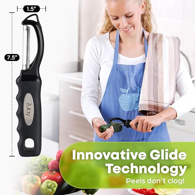 Zulay Kitchen Swivel Vegetable Peeler - Stainless Steel Potato & Veggie Peeler with Comfortable Grip - Built In Blemish Remover - Black