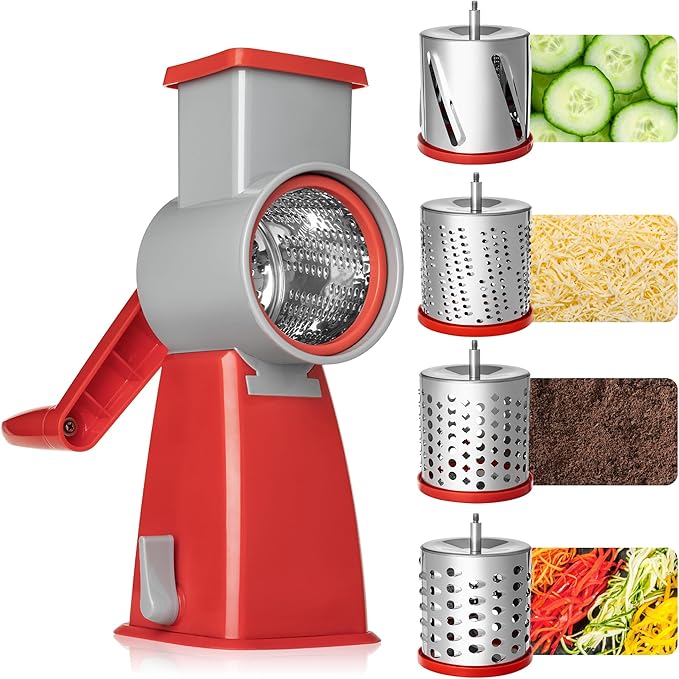 4-in-1 Rotary Cheese Grater Handheld, Lightweight Body with 4 Stainless Steel Blades & Non-Slip Suction Base, for Shredding Parmesan, Slicing Vegetables, Grating Chocolate(Red)