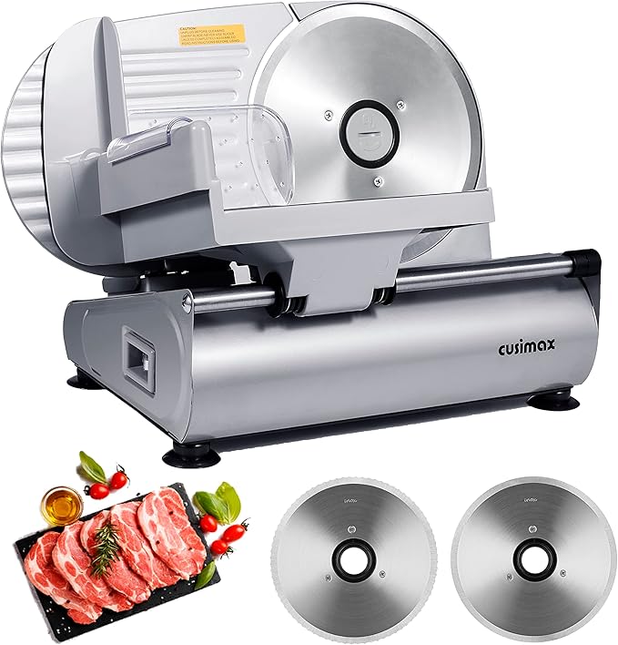 Meat Slicer, CUSIMAX Electric Deli Food Slicer with Two 7.5'Removable Stainless Steel Blades and Pusher, Cheese Fruit Vegetable Bread Cutter, Adjustable Knob for Thickness, Food Carriage