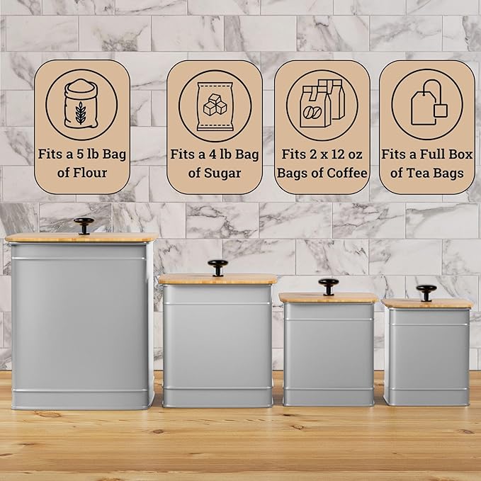 Kitchen Canisters for Countertop Set of 4 with Customizable Chalkboard Labels & Marker Pen - Big Iron Kitchen Canisters with Airtight Lids - Gray Canister Set - Flour and Sugar Containers Farmhouse