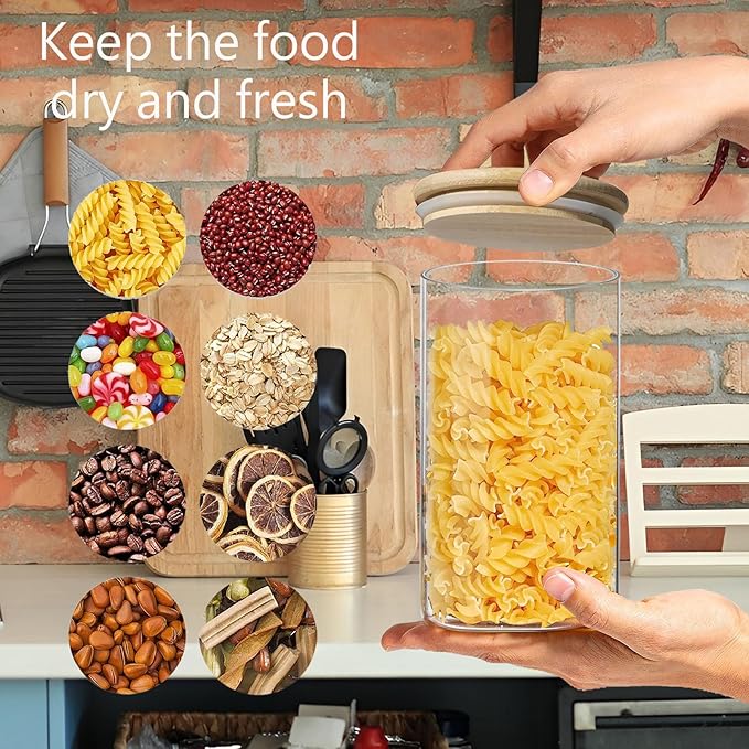 1.5 Qt Round Glass Storage Containers with Lids, Clear Food Storage Container Jar with Sealing Bamboo Lid for Noodles Flour Cereal Rice Sugar Tea Coffee Beans(Round-3Pack )