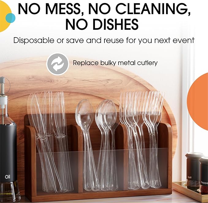 Party Solids Clear Plastic Silverware Heavy Duty 300 Pieces Clear Plastic Cutlery Sets, Utensil Sets, 100 Of Each Forks, Knives & Spoons Disposable Cutlery Set, Flatware Set For Party Supplies