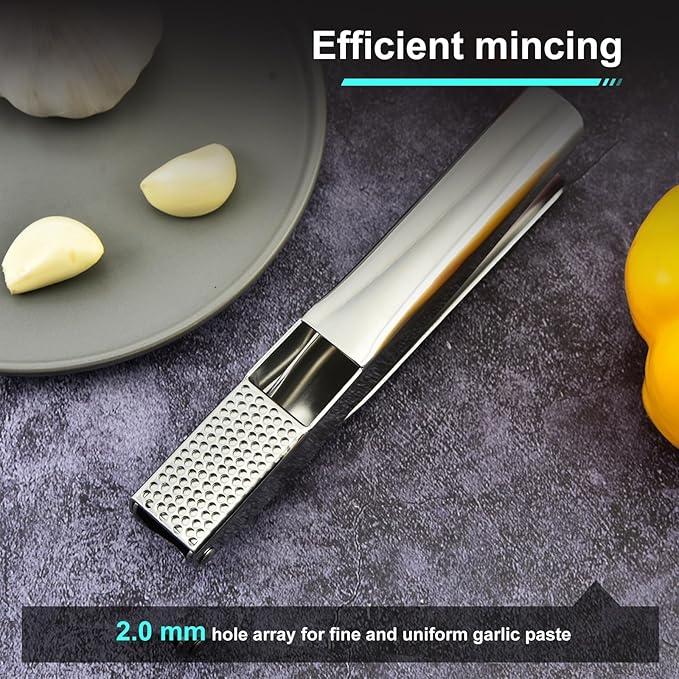 Garlic Press, Stainless Steel Garlic & Ginger Crusher, with Built-In Cleaner, Rust Resistant, No Peel, Large Capacity, Easy Clean,Dishwasher Safe,Silver