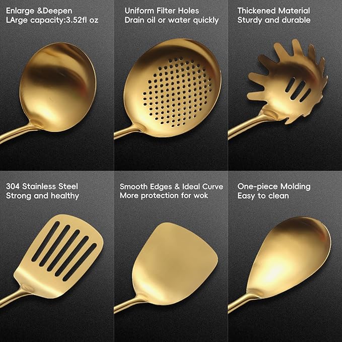 Stainless Steel Kitchen Utensils Set with Wood Handle, 18/10 Metal Cooking Utensils Set, 10-Piece - Spatula, Spoon, Ladle, Skimmer, Slotted Turners, Pasta Server, Fork, Masher(Dishwasher Safe)