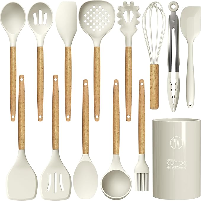 Silicone Cooking Utensils Set - 446°F Heat Resistant Silicone Kitchen Utensils for Cooking,Kitchen Utensil Spatula Set w Wooden Handles and Holder, BPA FREE Gadgets for Non-Stick Cookware (Khaki)