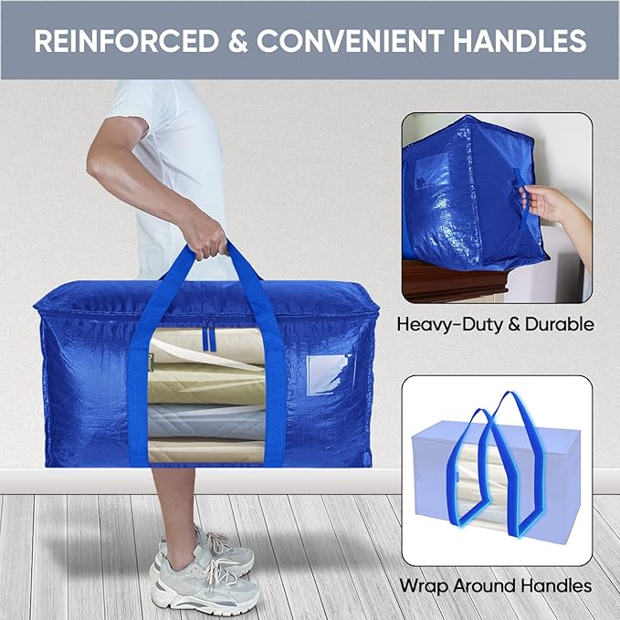 BALEINE 4-Pack Oversized Moving Bags with Reinforced Handles, Heavy-Duty Storage Tote Moving Supplies for Packaging, Camping (Blue w/Window, 4-Pack)