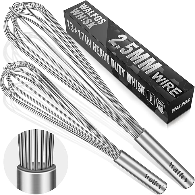 Walfos Whisks Large Whisk Set of 2, Heavy Duty Stainless Steel Wire Whisk Ideal For Beating Eggs, Mixing Batter & Blending Sauces.(13in+17in)