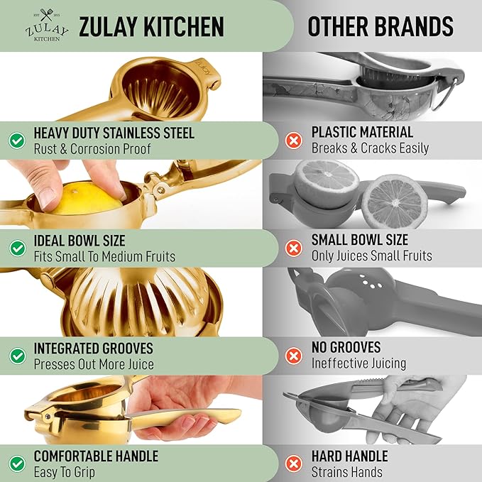 Zulay Kitchen Lemon Squeezer Stainless Steel - Premium Quality, Heavy Duty Solid Metal Squeezer Bowl - Large Manual Citrus Press Juicer and Lime Squeezer Stainless Steel - Gold