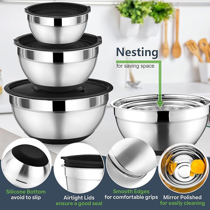 P&P CHEF Mixing Bowl with Lids Set of 3, Stainless Steel Nesting Salad Bowls for Serving Preparing, 3 Grater Attachments & Non-Slip Bottoms, Size 1.5/2.6/4.6 QT, Black