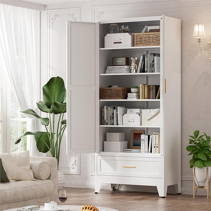 71" Tall Metal Pantry Storage Cabinet with Drawer and Adjustable Shelves, Freestanding Kitchen Cupboard Storage Cabinet for Kitchen,Dining Room, Living Room, White