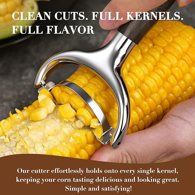 KULUNER Durable Stainless Steel Corn Peeler with Polished Wood Handle Corn on the Cob Stripper Kernel Remover Easy Use Corn Kernel Cutter Kitchen Gadget(Chacate Preto)