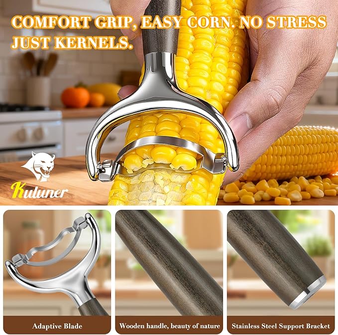 KULUNER Durable Stainless Steel Corn Peeler with Polished Wood Handle Corn on the Cob Stripper Kernel Remover Easy Use Corn Kernel Cutter Kitchen Gadget(Chacate Preto)