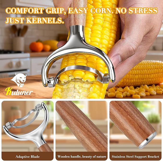 KULUNER Durable Stainless Steel Corn Peeler with Polished Wood Handle Corn on the Cob Stripper Kernel Remover Easy Use Corn Kernel Cutter Kitchen Gadget(Rosewood)