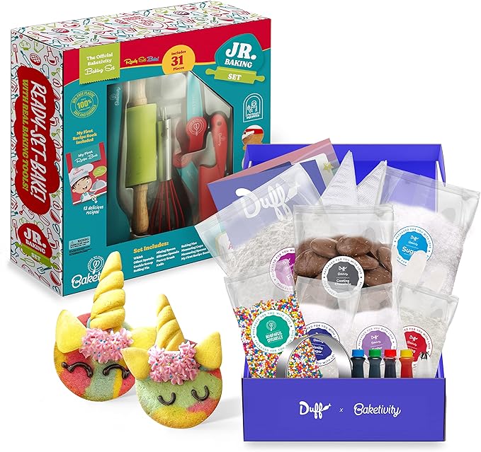 Baketivity All-In-One Kids Cooking Tool Set and Unicorn Rainbow Cookies Kit Bundle - Learn Basic Baking Skills with Duff Goldman DIY Cookie Making Kit - Best Cooking Set Gift for Little Junior Chefs