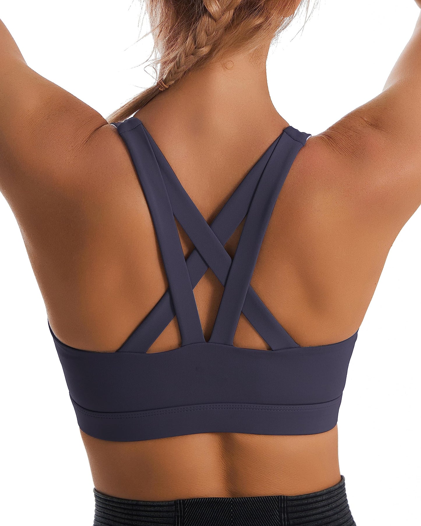 RUNNING GIRL Sports Bra for Women, Criss-Cross Back Padded Strappy Sports Bras Medium Support Yoga Bra with Removable Cups (2575-Dusty blue, S)