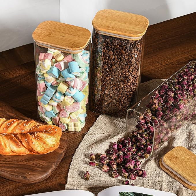 64oz Rectangle Airtight Glass Storage Containers with Bamboo Lids (Set of 4), Square Food Storage Jar, Pantry Organizers for Cereal, Flour, Pasta and Coffee beans (with Black Lable)