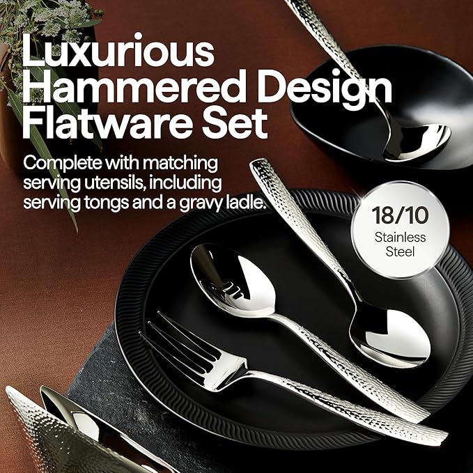 Luciella Ponza Flatware Set for 12, 65-Piece Stainless Steel Silverware Set with Serving Utensils, Timeless Hammered Design, Rust-Resistant, Mirror Polished & Dishwasher Safe