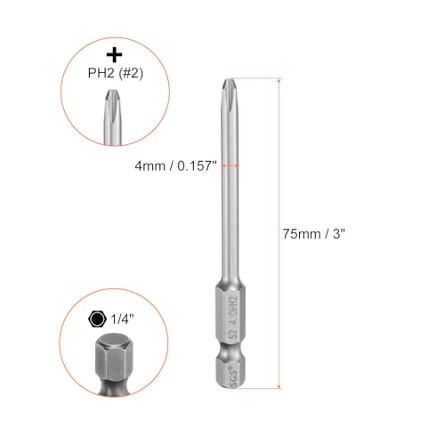 HARFINGTON 5pcs #2 Phillips Screwdriver Bit PH2 1/4" Hex Shank 3" (75mm) Long Magnetic S2 Steel Industrial Grade Screw Driver Bit Cross Head Electric Drill Bits 0.157" (4mm) Rod - size: PH2 x 75mm x 4mm