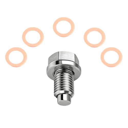 M12x1.75 Magnetic Stainless Steel Oil Drain Plug Kit Fits Cars Motorcycles | CHENACC 1PCS Oil Pan Drain Nut Bolt with 5 PCS Copper Gasket, Compatible with Most Boats Cars and Motorcycles - size: M12*1.75