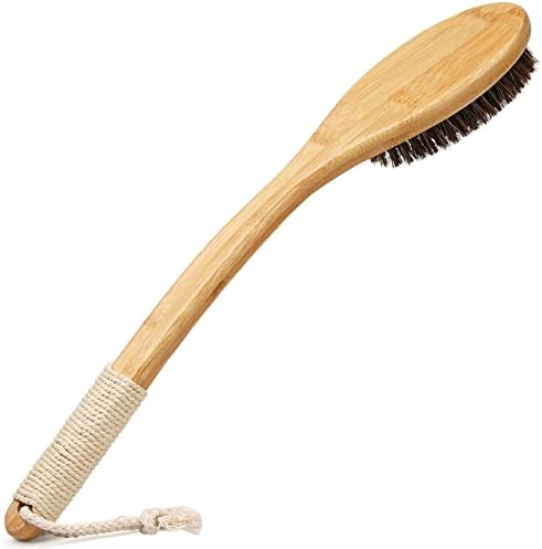 Exfoliating Back Scrubber for Shower with Curved Long Handle, 16.7 Inches Bamboo Body Brush with Natural Bristles for Wet or Dry Brushing, Body Exfoliator Back Washer Bath Tool for Men & Women