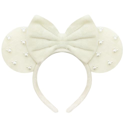 Trnerm Beige Fuzzy Mouse Ears Headband for Women, Cute Beads Headband with Bows，Halloween Costume Accessory