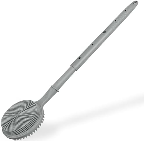 Back Scrubber for Shower, (16-24 Inch) Extendable Bath Brush Long Handle for Shower, Silicone Body Scrubber with Handle, Back Brush for Shower Men and Women,Easy to Clean (Gray)